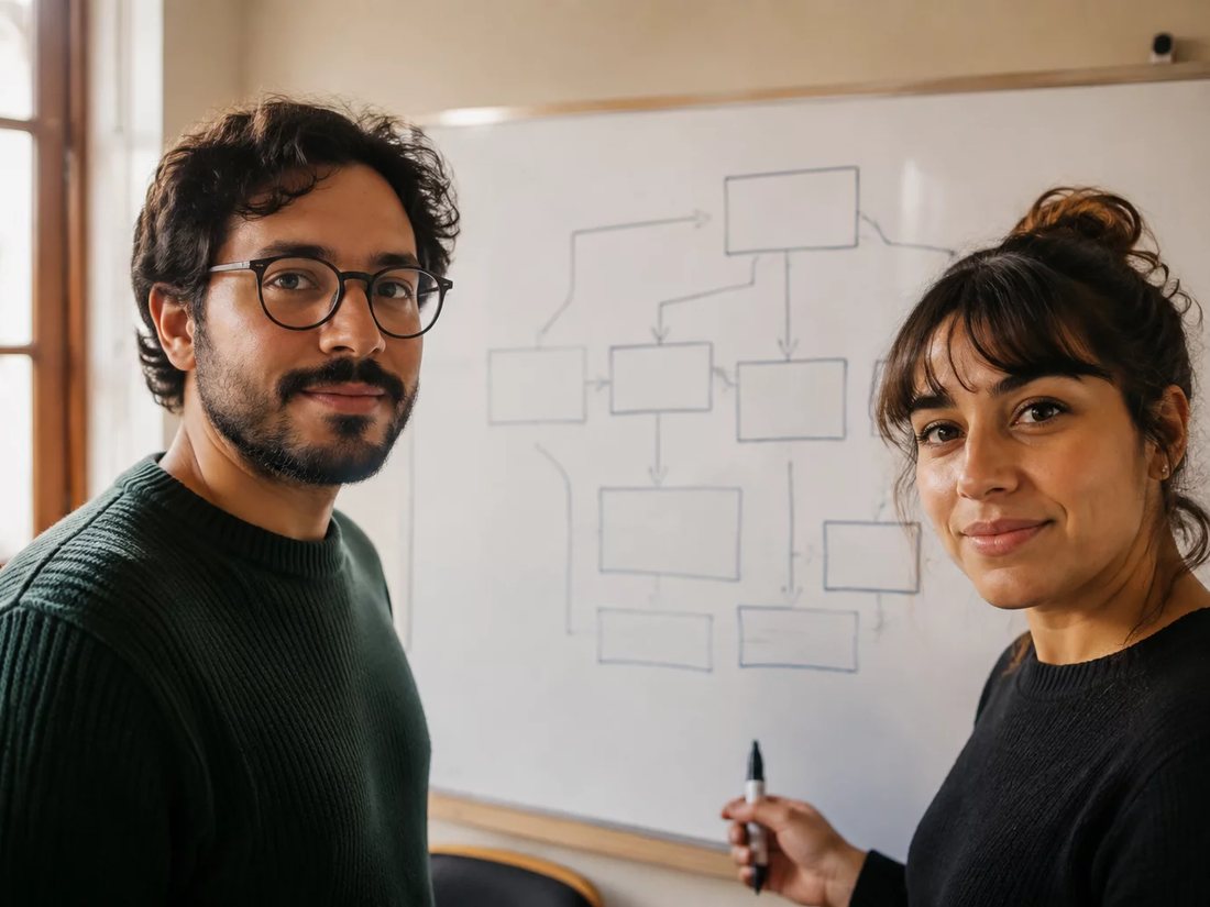 Dupla diante de um quadro branco, com um argumento repartido em blocos