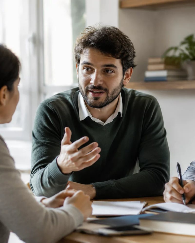 Microfone deitado sobre a mesa, com a roda de participantes fora de foco ao fundo