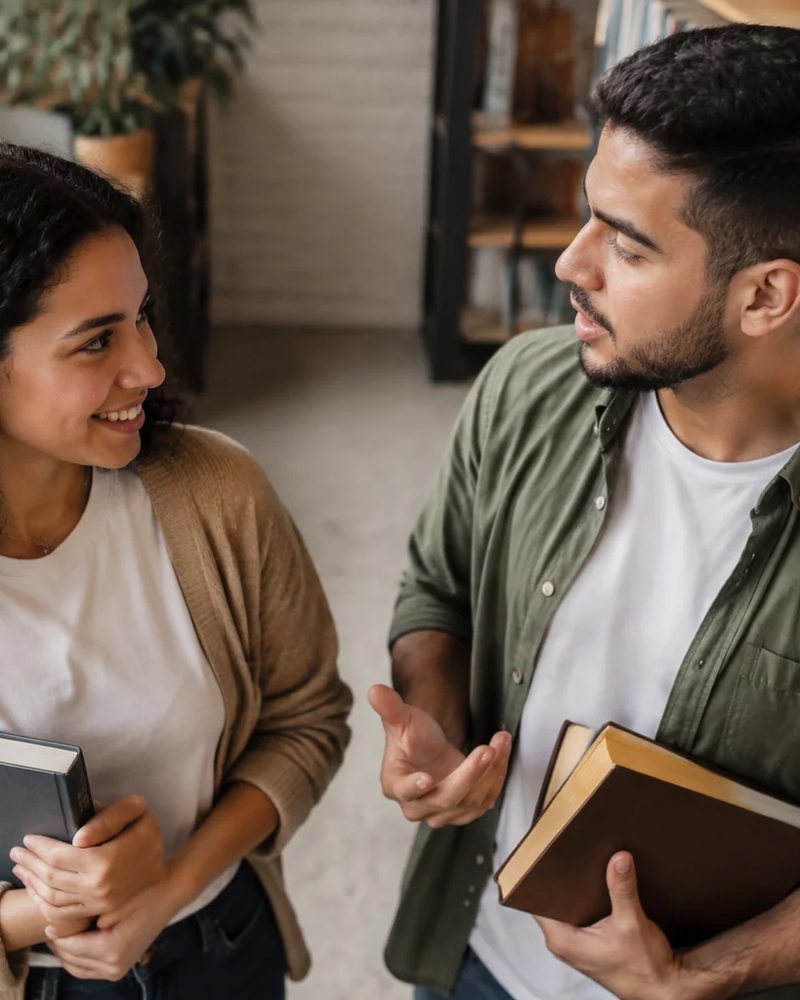 Duas participantes conversando de pé entre as prateleiras de uma biblioteca